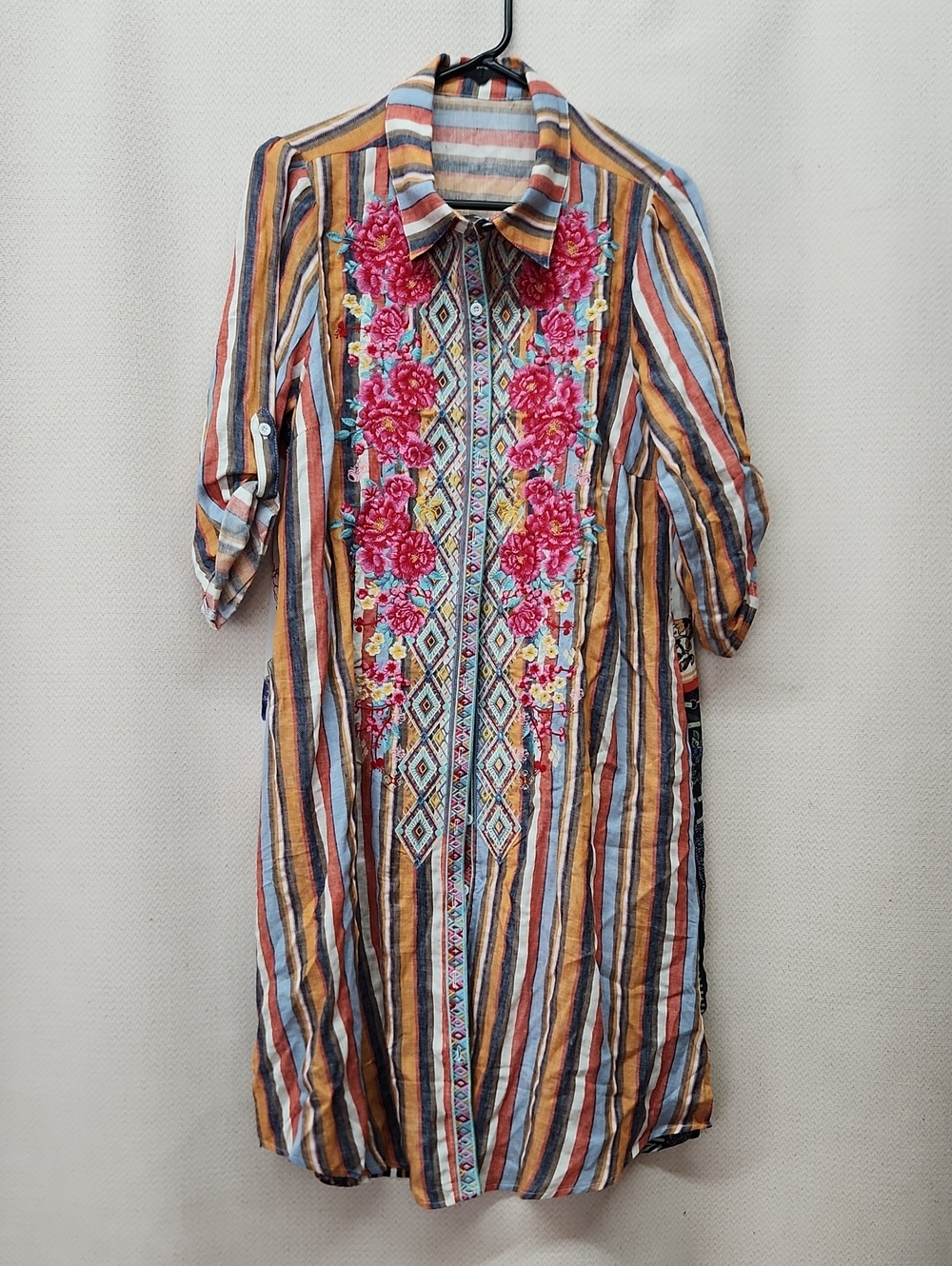 Striped Embroidered Button-Front Tunic Dress - Pink Floral